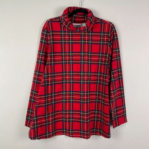 Denim & Co. Printed Perfect Jersey Turtle Neck Top Size 1X Red Plaid Stretch NEW - Picture 1 of 8